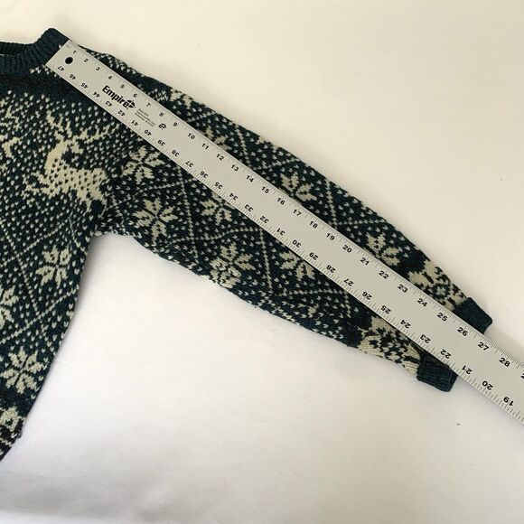 VTG 90s Sweater Women M Dark Green Beige Reindeer Snowflake Christmas Fair Isle - Picture 6 of 6